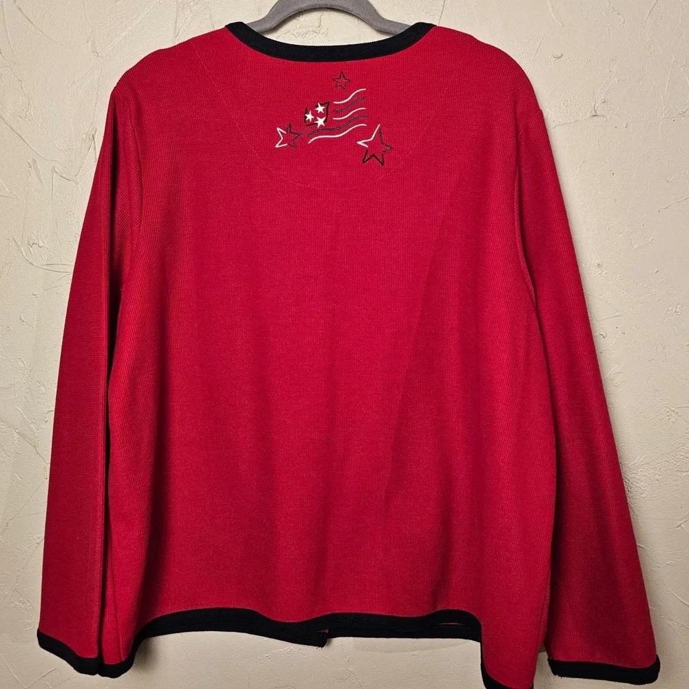 Vintage Banks‎ 1X Red Patriotic Cardigan Sweater Stars USA Flag Embroidered EUC